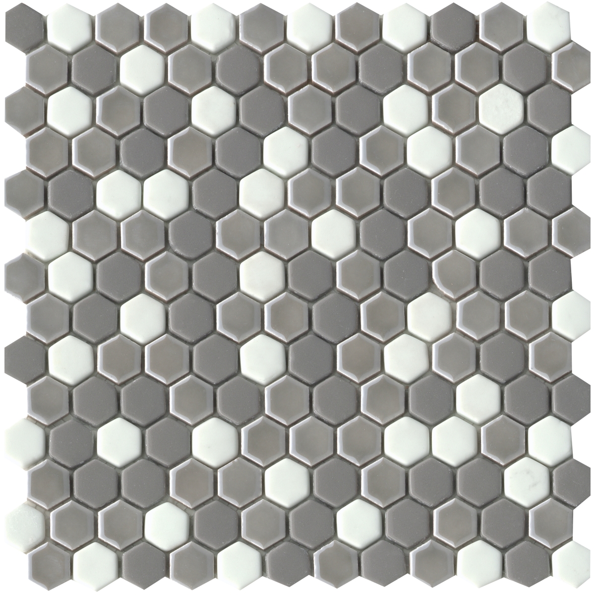 Confetti II Blend Mixed Finish Hex Mosaic in metal and Freddo colors, glass material, size 1x1 and 12x12 inches, glossy and matte finish